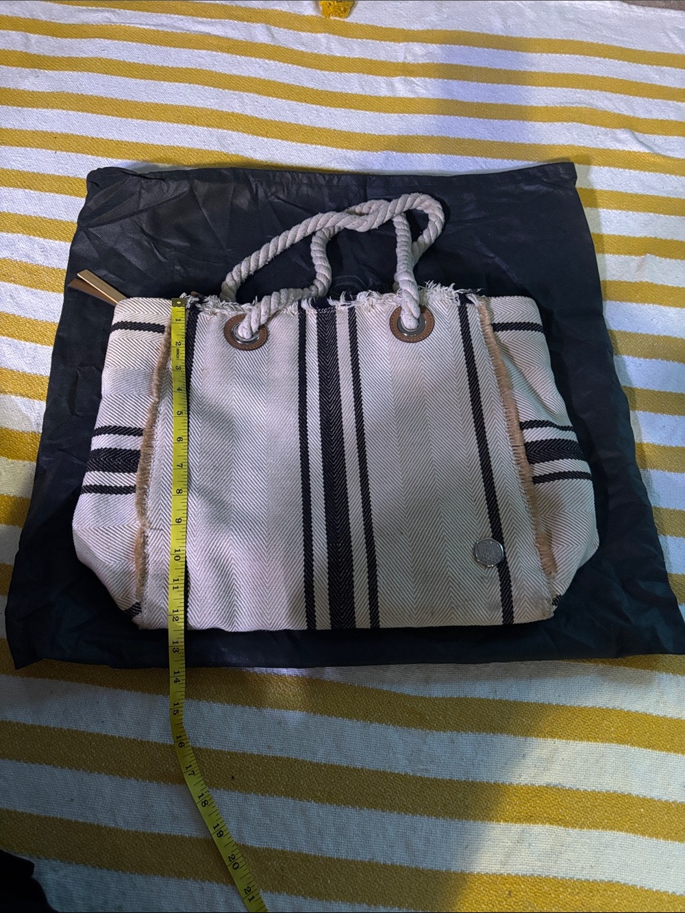 Vince Camuto Cream and Black Striped Rope-Handle Tote